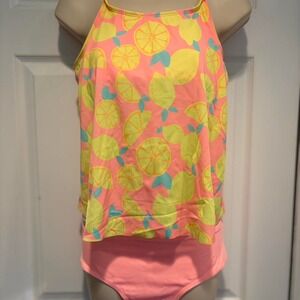 Justice Girls 18P Lemon Citrus Tankini Swimsuit Set Pink Yellow Y2K Beachcore